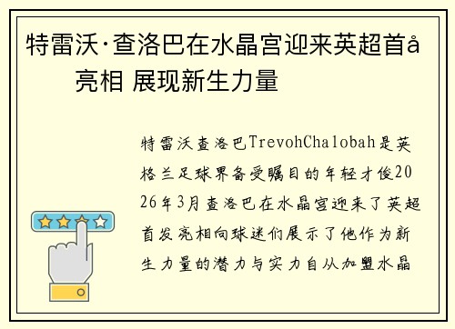 特雷沃·查洛巴在水晶宫迎来英超首发亮相 展现新生力量